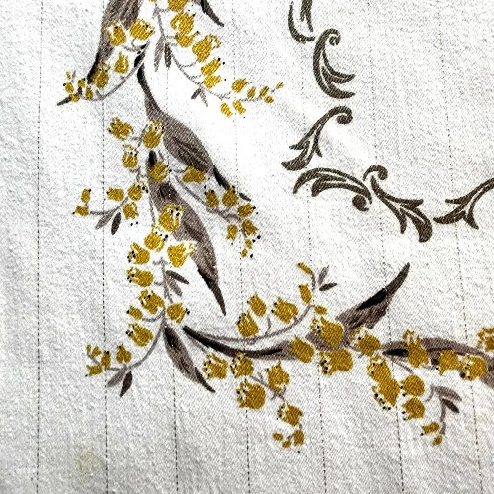 Vintage Tablecloth Cotton blend gray gold floral border print silver metallic